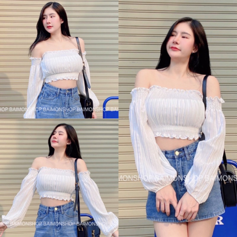Javawa shop L ระบาย เสื้อครอปน่ารัก สม็อตปาดไหล่ งานดีผ้าสวยมาก มีหลากหลายสี ตอนนี้กำลังฮิตสุดๆ เเบบนี้ของมันต้องมี