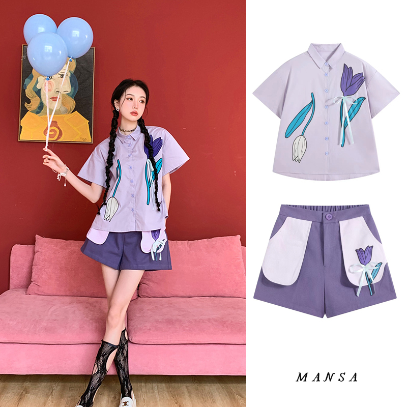 MANSA summer purple flower shirt เสื้อลายดอก เสื้อโอเวอร์ไซส์ผู้หญิง