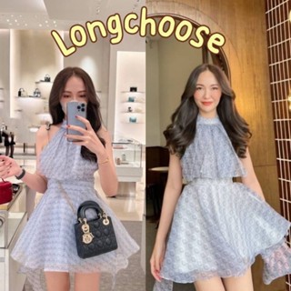 greysy minidress เดรสสั้น เดรสผ้าแก้วพิมพ์ลาย เดรสสีเทา ช่วงคอจับจีบด้านหน้า ผูกโบว์คอหลัง มีซับในทั้งตัว งานตามหา ชูก้า