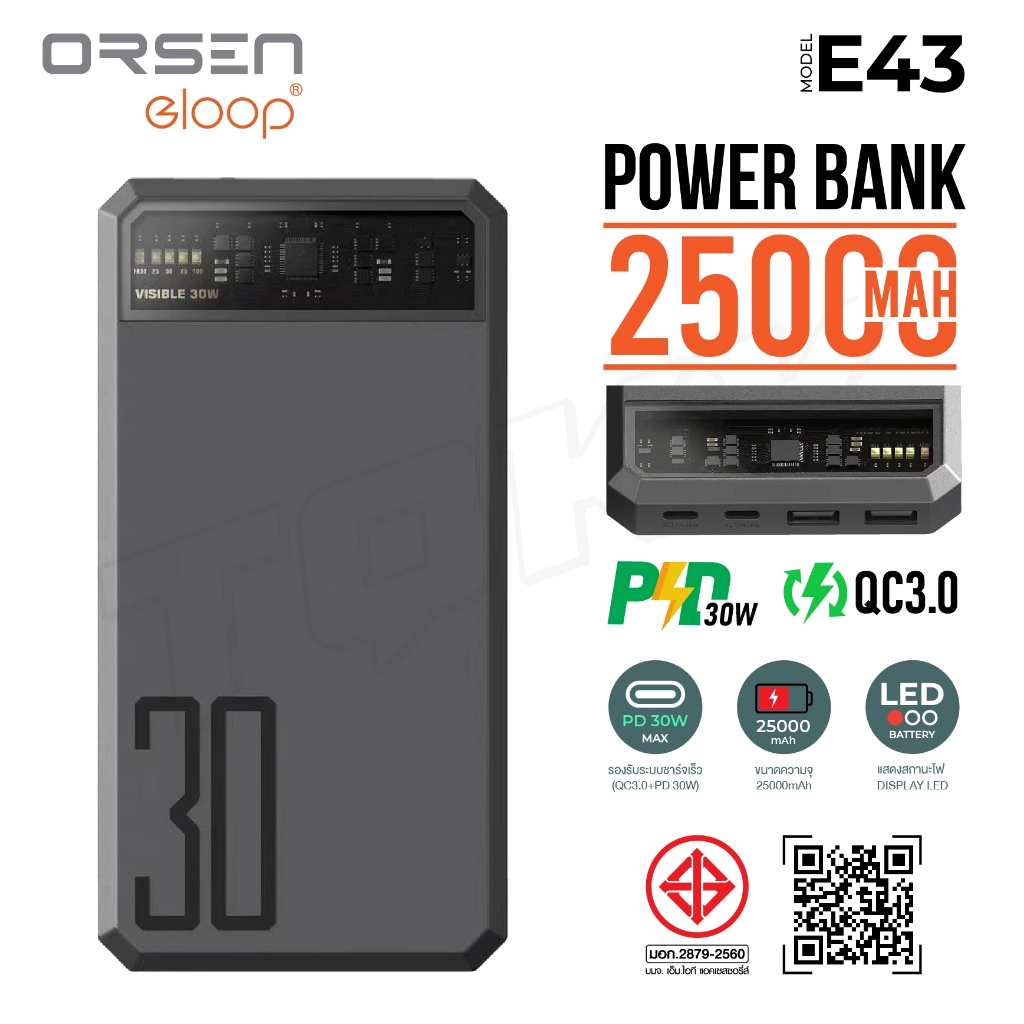 🚀(⊙﹏⊙)ใหม่ล่าสุด(⊙﹏⊙)🚀Eloop E43 แบตสำรอง 25000mAh รุ่นใหม่ QC 3.0 PD 30W🚀🚀🚀 Max PowerBank Type C Out