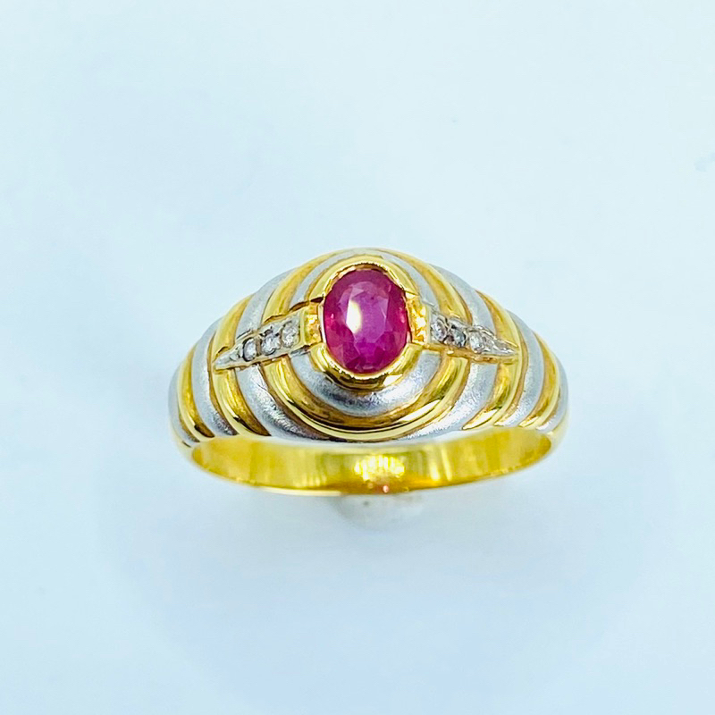 แหวนทอง💫size 55; แหวนทองพลอยแดง ทับทิมพม่า เพชรแท้ A16567
