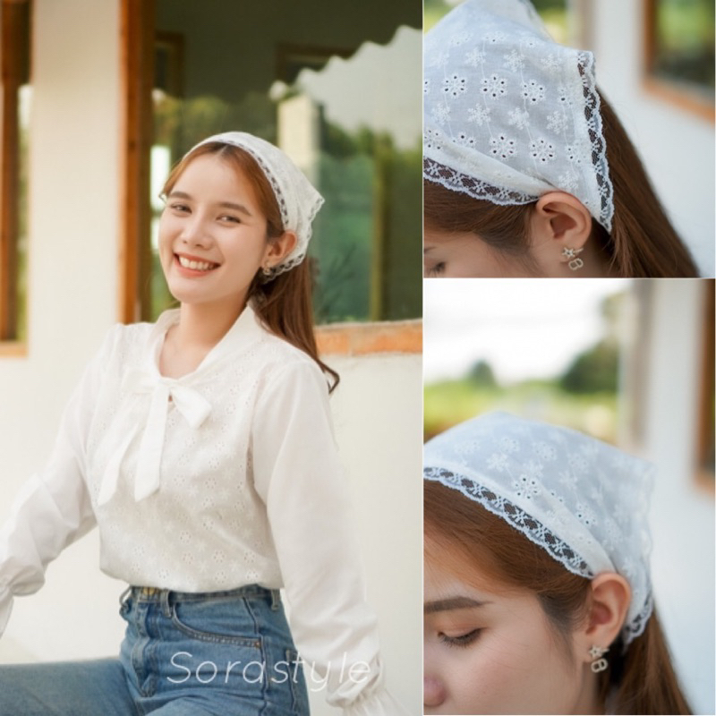 Pro Sale พร้อมส่ง ผ้าโพกผมฉลุลายสีขาวสุดน่ารัก