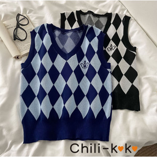 Chili_k❤️k❤️✨พร้อมส่ง✨เสื้อกั๊ก คอวี ลายข้าวหลามตัด เสื้อกล้ามคอวี เสื้อกั๊กหญิง สไตล์ย้อนยุคเกาหลี 7251