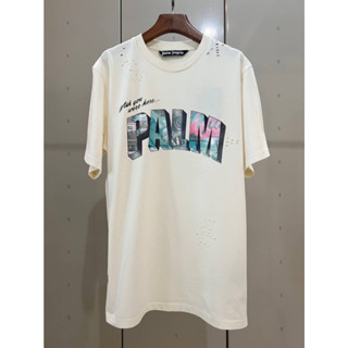 PALM ANGELS SIGN BEIGE WISH YOU WERE HERE PRINTED COTTON T-SHIRT WITH WEAR เสื้อยืดคอกลมแขนสั้น แบรนด์ปาล์มแองเจิล