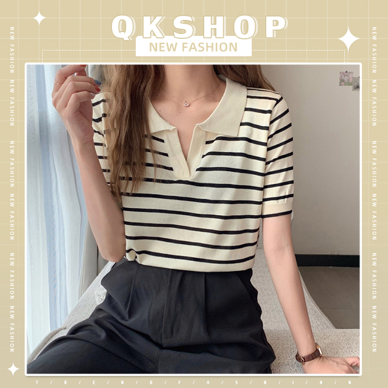 QKshop เสื้อแฟชั่น เสื้อเชิ้ตผู้หญิงลายทาง ดีเทลน่ารักมากๆ คอปกด้วยนะผ้าดีใส่สบายเหมาะกับอากาศบ้านเราที่สุด