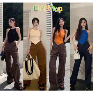 Cicishop(RM002)เสื้อแขนกุดคอเหลี่ยม  ผ้าไหมพรม จับแมทช์ได้ง่าย