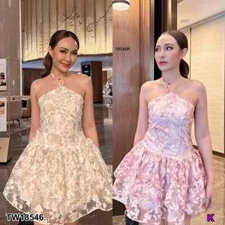 MF18546  เดรสสั้นผ้าแก้วผูกโบว์คอชายกระโปรงแต่งระบาย กระโปรงมีซับใน สมอคด้านหลัง ใส่สบาย พร้อมส่ง  เนื้อผ้า Frabic : ผ้า