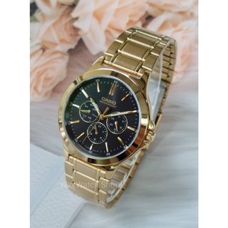 นาฬิกา Casio รุ่น MTP-V300G-1A นาฬิกาผู้ชายสายแสตนเลสสีทอง หน้าปัดดำ ของแท้ 100% รับประกันสินค้า 1 ปี