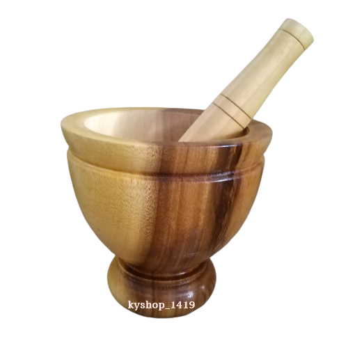 ครกไม้ พร้อมสาก เกรด A ครกไม้ส้มตํา ขนาด 6-9 นิ้ว ผิวเรียบเนียน ไม่มีตาไม้ สีเหลืองลายเนื้อไม้ธรรมชาติ ครกตำน้ำพริก - รูปที่ 6