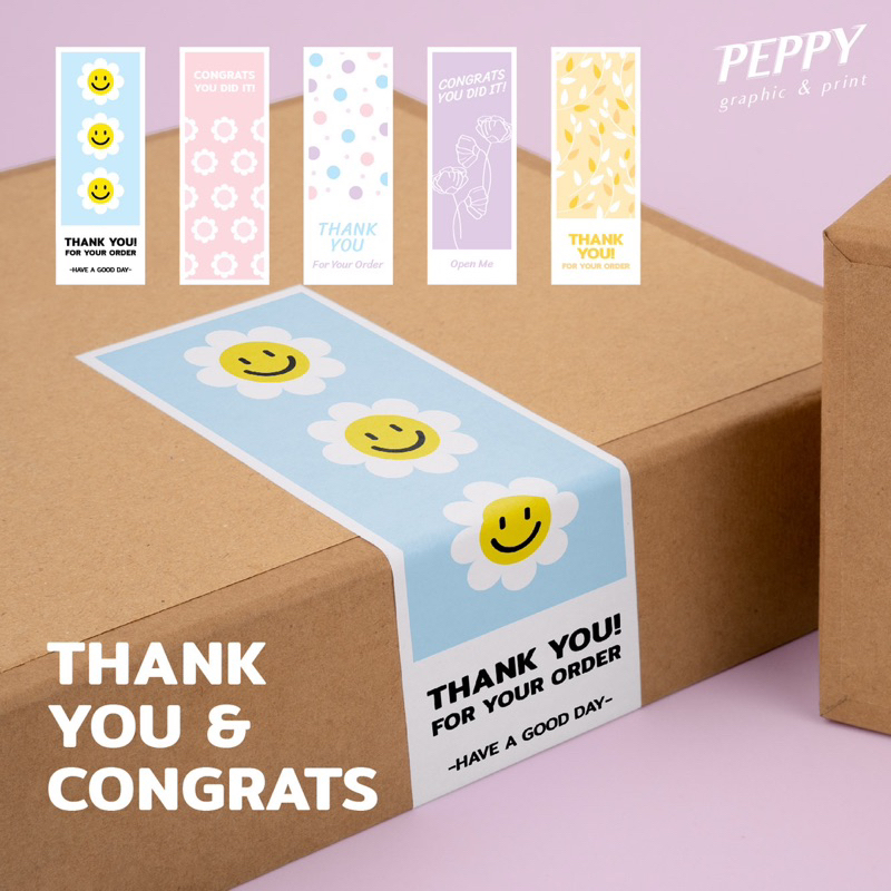 20 เเถม 1  สติ๊กเกอร์Thank you or Congrats ลายน่ารัก 5 แบบใช้สำหรับติดกล่องขนาดเล็ก