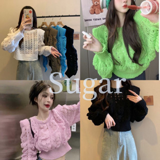 Sugar 🌈พร้อมส่ง🌈เสื้อถักไหมพรม เสื้อครอป คอกลมแขนยาว จั๊มมือจั๊มเอว ผ้านิ่มใส่สบาย(73198)