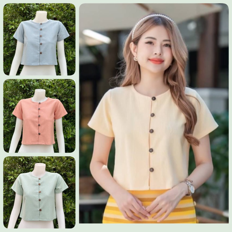 เสื้อพื้นเมืองผู้หญิง แขนสั้น คอกลม กระดุมกะลา