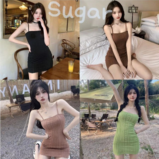 Sugar 🌈พร้อมส่ง🌈ชุดเดรสสั้น ผ้าบางผ้าฉลุ รัดรูป สายเดี่ยวเซ็กซี่(39143)