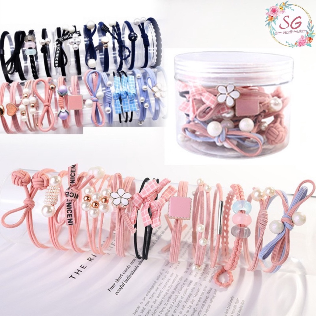ร้านไทยSiamGift ยางรัดผมเกาหลี ยางรัดผม12ชิ้น มีแบบขวด และ มีแบบถุง 12ชิ้น ยางรัดผม ยางรัดผมเกาหลีคละแบบ
