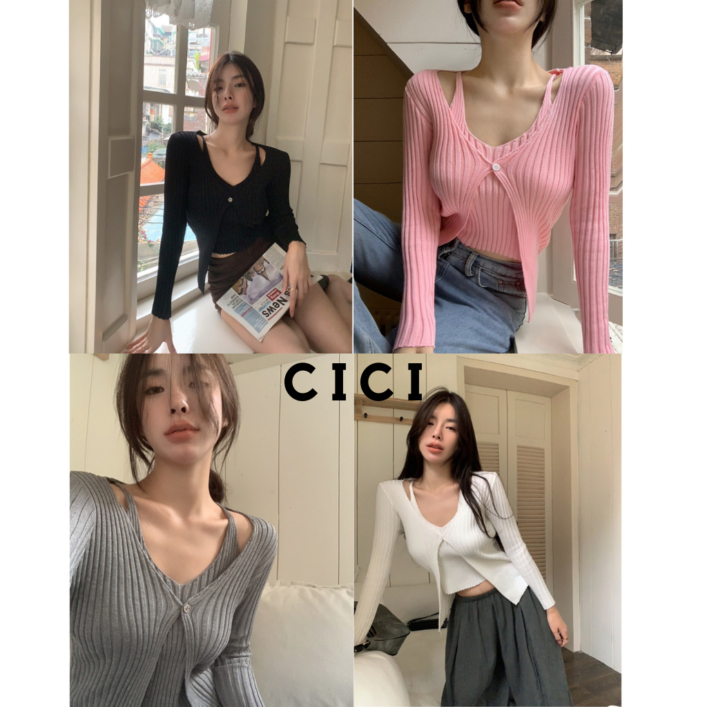 ส่งทันที Cici(NO. T2023)TankTop เสื้อสายเดี่ยวกิมมิคเย็บติดแขนยาว ทรงสวยผ้าknittทอร่อง หวานๆสไตล์เกาหลี
