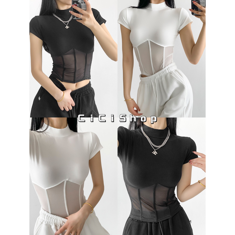 Cicishop(J289)เสื้อยืดแขนสั้นคอปืน เข้ารูป ดีเทลซีทรูครึงตัวบางๆทรงสวยใส่แล้วเอวSสุดๆ