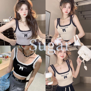 Sugar🌈พร้อมส่ง🌈เสื้อสปอร์ต เสื้อกล้าม เสื้อสายเดี่ยว ผ้าไหมพรม รอบแขนรอบคอ แต่งเป็นขนมิ้ง(U038-1)