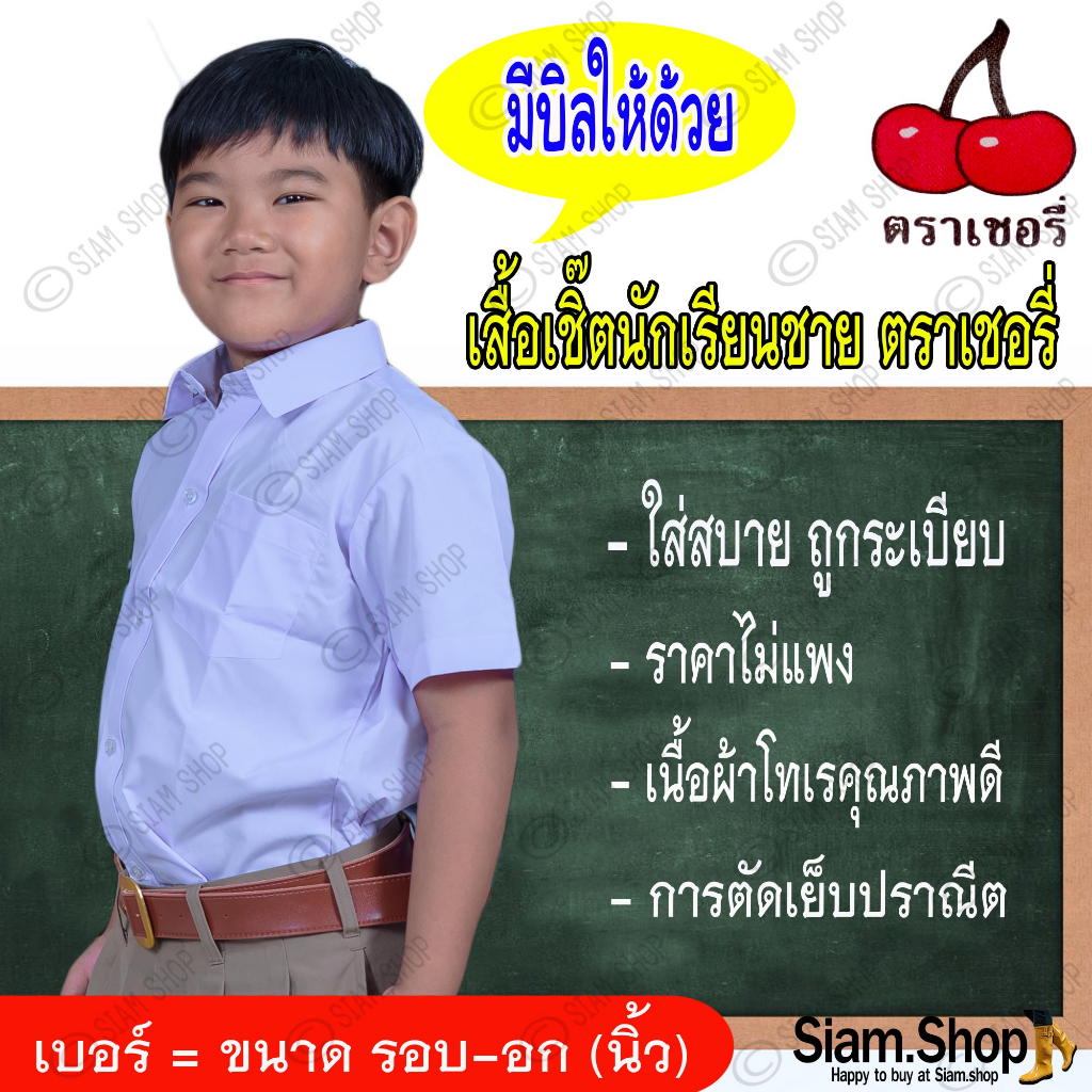เสื้อนักเรียนชายตราเชอรี่ (เฉพาะเสื้อ) ทรงเชิ้ต เนื้อผ้า conton คุณภาพดี ตัดเย็บปราณีต ราคาย่อมเยาว์ ใส่สบาย ไม่อับฃื้น