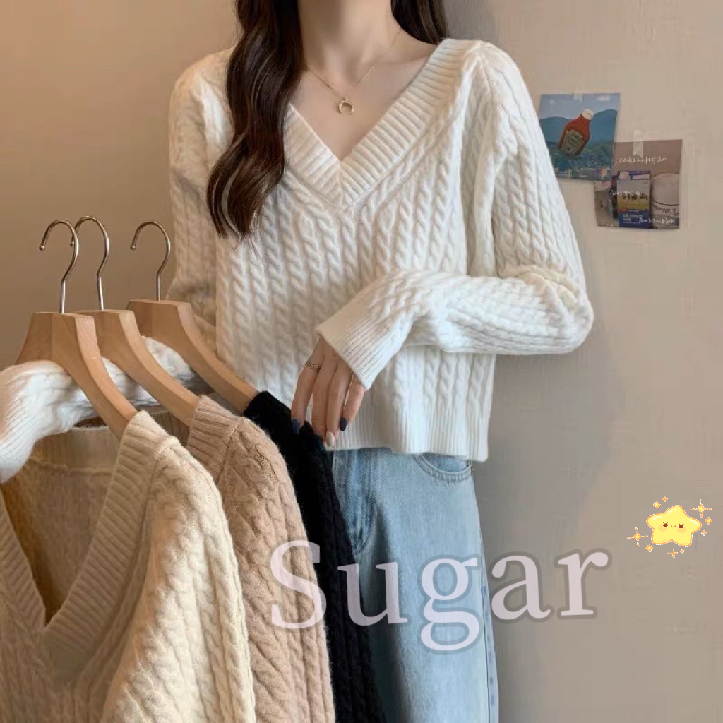 Sugar พร้อมส่ง เสื้อครอปไหมพรม แขนยาว คอวี ผ้าหนา งานเกาหลี(73149)