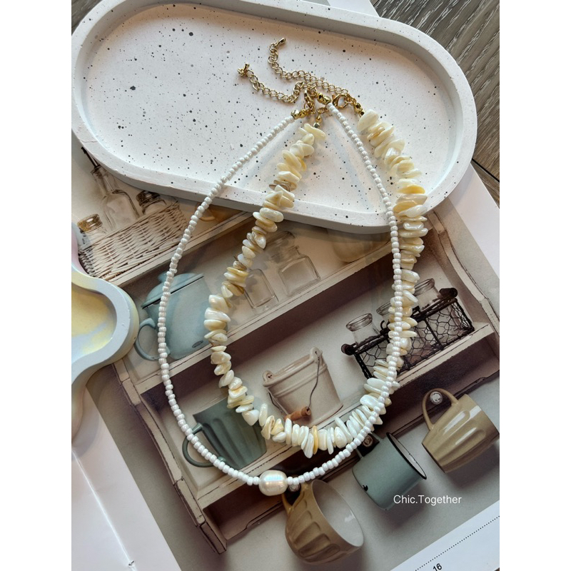 New เซตสร้อยคอเกร๋ๆ น่ารักกกก รุ่นหินเปลือกหอยขาวล้วน คู่กับลูกปัดสีขาว +จี้มุกน้ำจืด