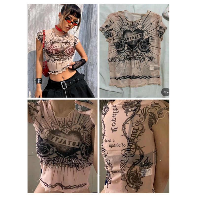 พร้อมส่งด่วนจากไทย เสื้อครอป ท็อป ลายกราฟฟิค Loyalty ผ้าโปร่ง ตาข่าย ซีทรู สายฝอ Y2K
