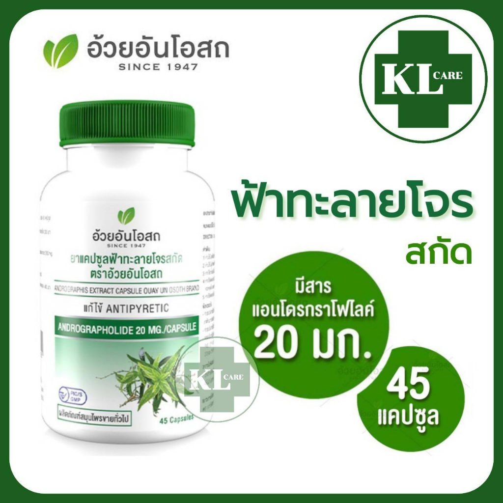 ฟ้าทะลายโจรสกัด แอนโดรกราโฟไลด์ 20 mg. ลดไข้ แก้ตัวร้อน เสริมภูมิคุ้มกัน อ้วยอันโอสถ 45 แคปซูล
