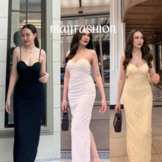 MAYFASHION เดรสยาวผ้าลูกไม้แต่งมีฟองน้ำ ซิปหลัง+ยางยืดงานซับในทั้งตัว กระโปรงผ่าด้านหลัง