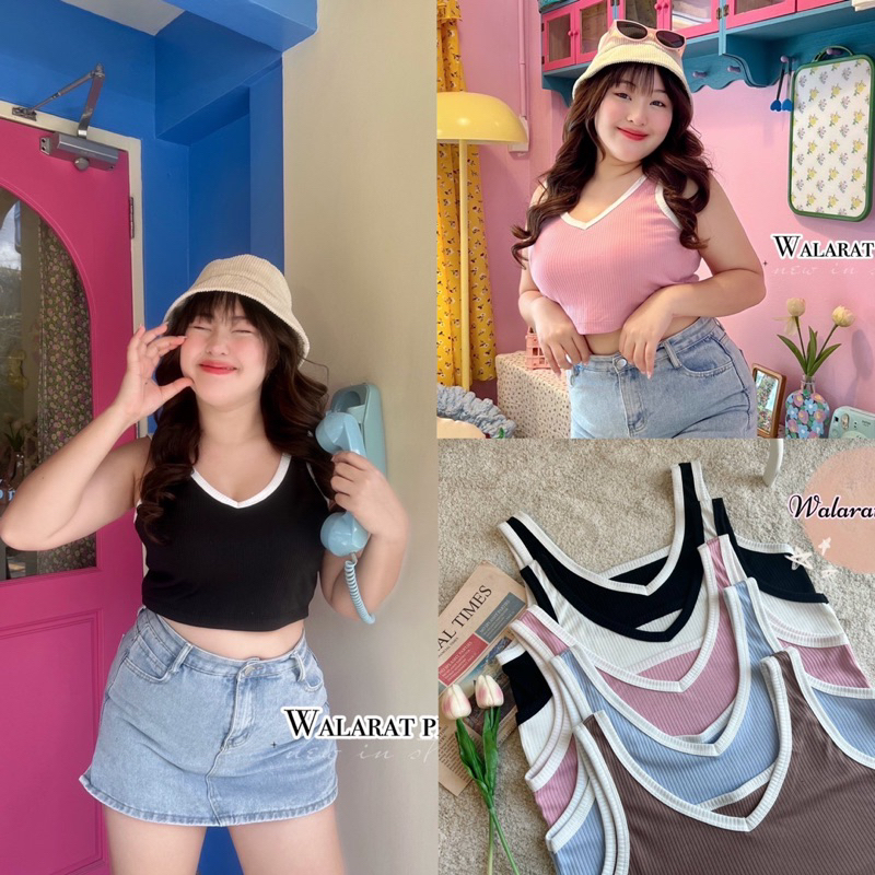 เสื้อกล้ามป้าร่อง คอวี แต่งขอบ เสื้อผ้าไซส์ใหญ่
