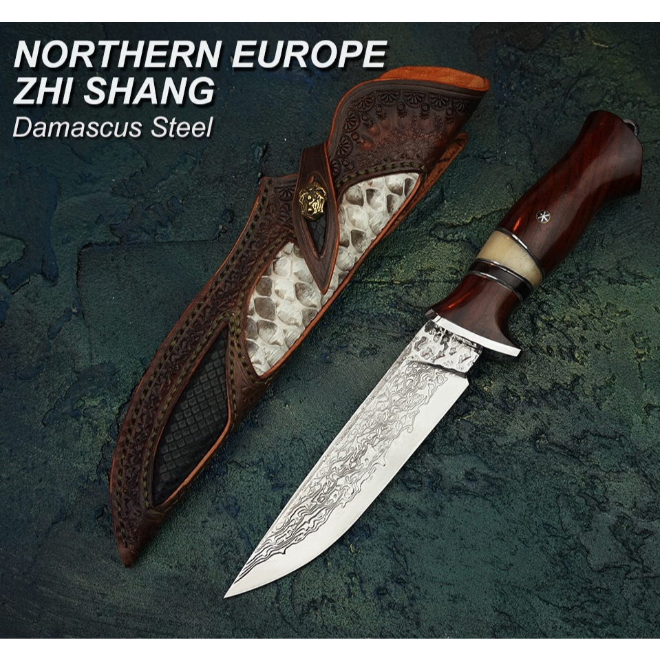 มีดดามัสกัส มีดแคมป์ Hunting  knife มีดใช้งาน มีดเดินป่า Turenz 3.9" Japanese Damascus VG10 knive ด้าม Rosewood ซองหนัง
