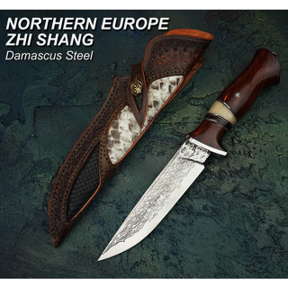 มีดดามัสกัส มีดพก มีดแคมป์ Hunting  knife มีดพก มีดเดินป่า Turenz 3.9" Japanese Damascus VG10 ด้าม Rosewood ซองหนังแท้