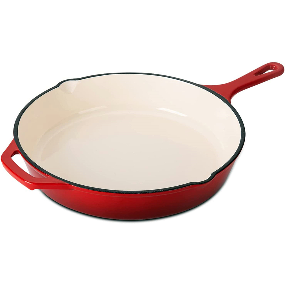 Enameled Cast Iron Skillet, Red &amp; White Cast Iron Enameled Skillet, White Cast Iron Pan, Enamel Frying Pan, BBQ Safe Pan