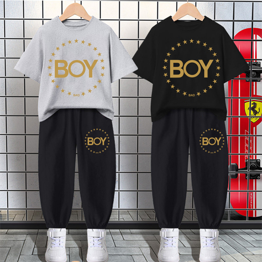 H414+K414B พร้อมส่ง ชุดเซ็ทเด็กเสื้อยืด+กางเกงขายาว ลายแฟชั่งการ์ตูน่ารัก ใส่ได้สบายทั้งเด็กชายและเด