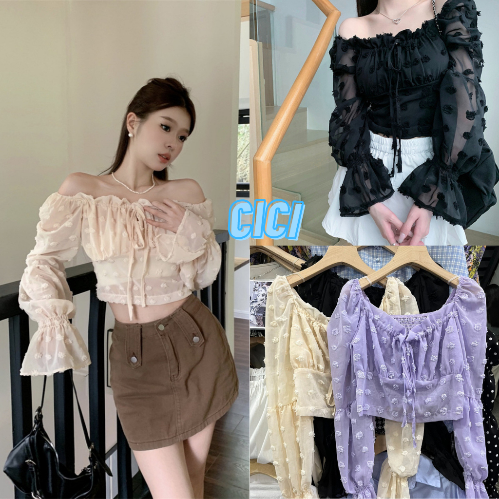 ส่งทันที Cici(SALE. Y18)เสื้อครอปชีฟองแขนยาว ปักลูกไม้ ใส่แล้วดูน่ารักมากๆ จับแมทช์ได้ง่าย