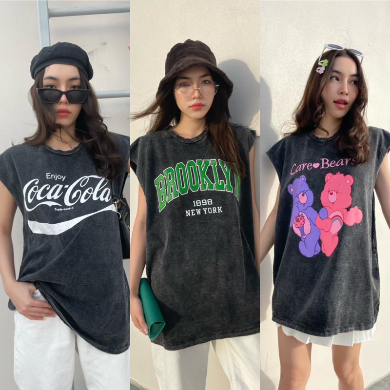พร้อมส่งเสื้อยืดผ้าฟอกวินเทจ แขนล้ำ แขนกุด