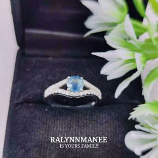 R6418 แหวนพลอยไพลินเผาเก่ากาญจนบุรีแท้ ( Blue sapphire ) ตัวเรือนเงินแท้ 925 ชุบทองคำขาว ไซส์ 51 แก้ไซส์ฟรี