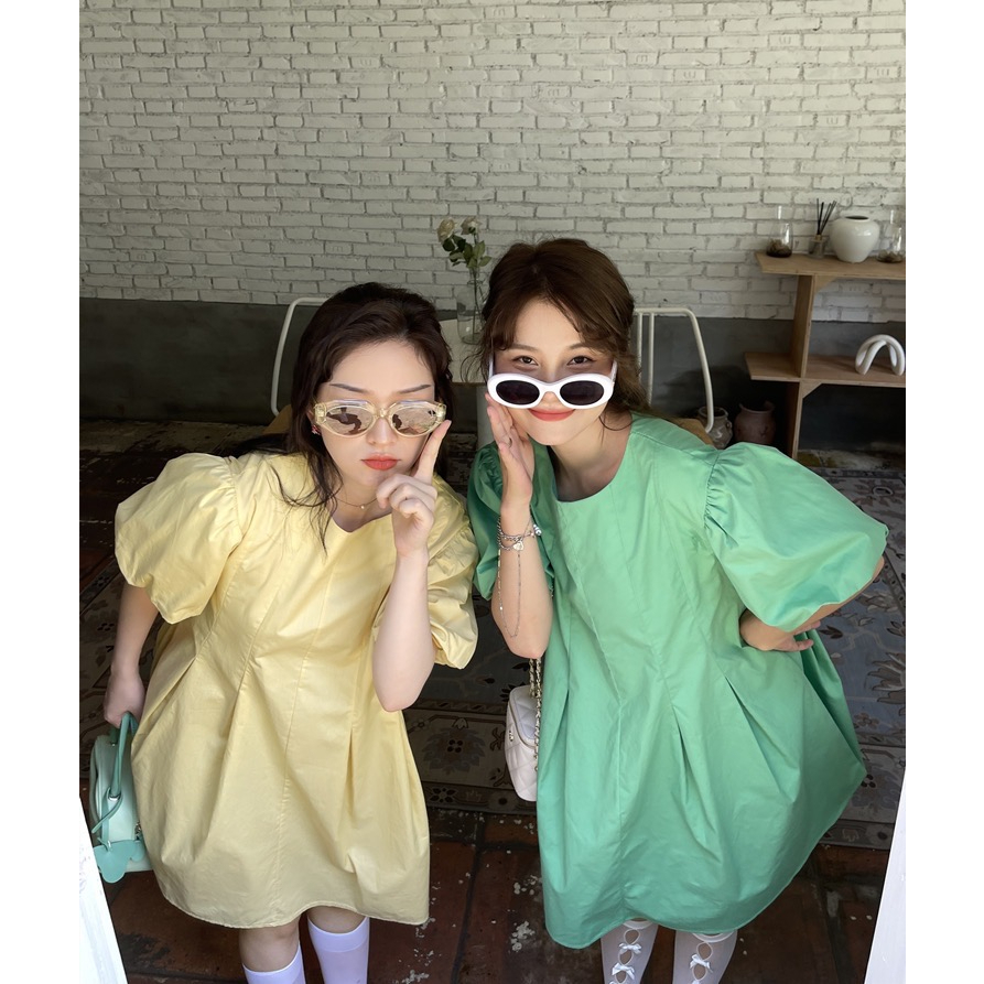 พร้อมส่ง minimal puff dress C3253 มินิเดรสสั้น มินิเดรสสั้นแขนพอง มี 2 สี เขียว เหลือง
