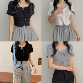 ❤สีสวยมากๆ❤เสื้อเชิตครอป แขนสั้น เสื้อคล้องคอผู้หญิง ส่งไวจากไทย