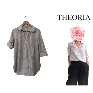 Theoria - เสื้อเชิ้ต คอวีลึก คอปก ลายทาง แขน 3/4 อก 40