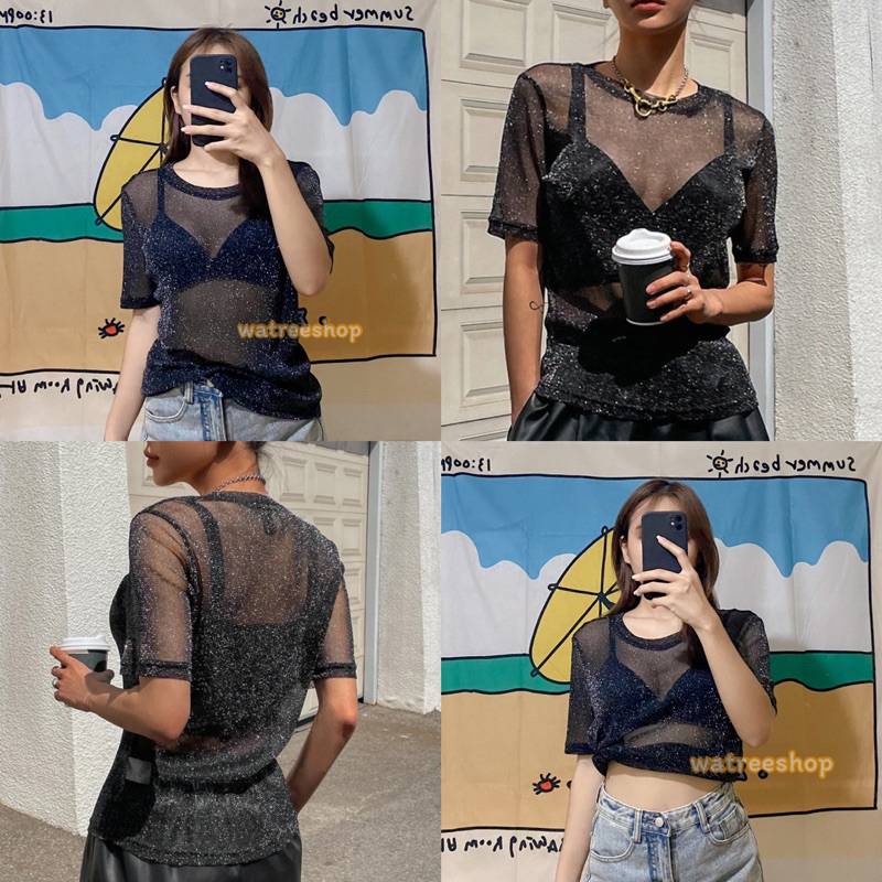 พร้อมส่งในไทย(147) เสื้อยืดซีทรู ผ้าวิ้ง กลิตเตอร์ สีดำ ผ้านิ่ม