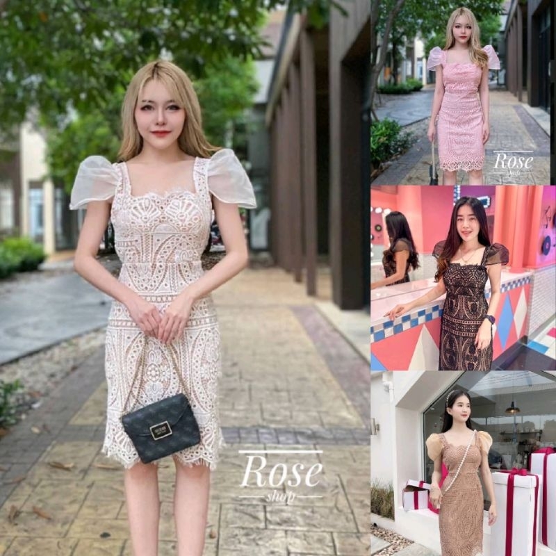 Guipure Lace Dressเดรสเสื้อคอเหลี่ยม แขนพองจับเดรปซีทรู กระโปรงทรงสอบ แพทเทิร์นสวยเข้ารูปพอดีตัว น่ารักมากๆค่ะ