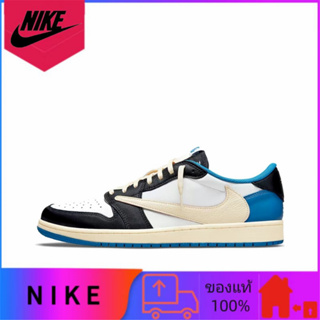 ของแท้ 100% Travis Scott X Fragment Design X—Jordan Air Jordan 1 LOW OG SP รองเท้าบาสเก็ตบอลส้นเตี้ยทนต่อการสึกหรอสีขาวน