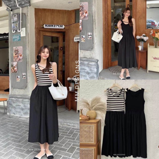 🌈🌿🌼🌸🌺🤎🧡🇰🇷 Cotton Stripe Sleevelees Patch Plain Maxi Dress