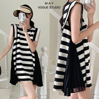 Striped pleated dress เดรสแขนกุดลายขวางสลับสี แต่งผ้าอัดพลีทด้านข้าง แบบน่ารักมากก