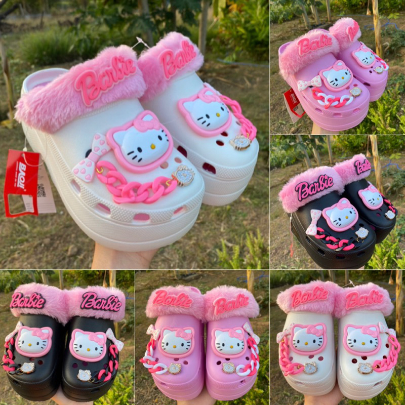 🔥พร้อมส่ง🔥รองเท้าหัวโตผู้ใหญ่ บาโอจิ Baoji พร้อมติดขนเฟอร์และตัวการ์ตูน คิดตี้น่ารักๆ เสริมส้น สูง 7 ซม. นุ่มใส่สบาย