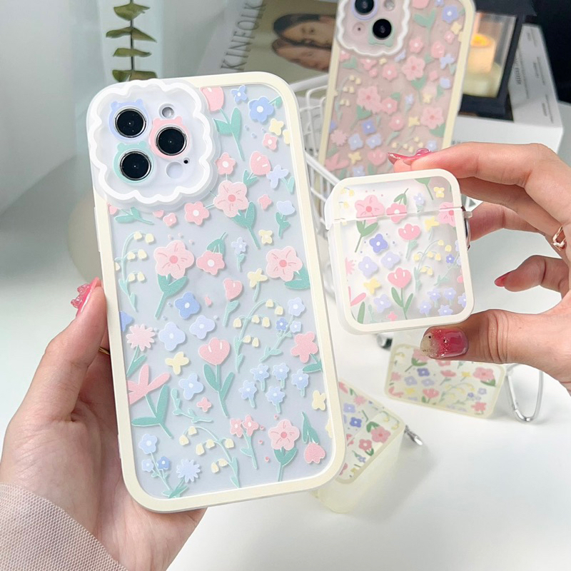 พร้อมส่งในไทย T3S116&A4 Set Case เคสขอบกล้องหยักดอกชมพู กล้องหมี เคสคลุมกล้อง สำหรับ iPhone case เคสไอโฟน+เคสหูฟัง