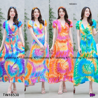 J18530 เดรสยาว ผ้าสปันลายมัดย้อม สายผูก Long dress, spun fabric, tie-dye pattern, tie