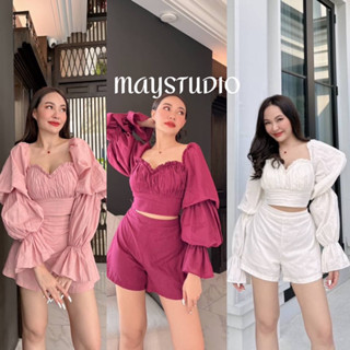 MAYSTUDIO งานเซต2ชิ้นผ้าคอตตอนลินินเสื้อแขนพองตุ๊กตา3ชั้น สมอคหลัง อกตีเกล็ดแต่งระบายกางเกงขาสั้นขาบานใส่สบายมาก