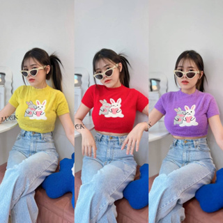 🌈MesubShop🌈 เสื้อครอปขนมิ้ง Croptopขนมิ้ง ผ้านิ่ม เสื้อเอวลอย เสื้อแฟชั่นผญ เสื้อเกาหลี ปักลายช่วงอก 🌟รุ่น กระต่ายคู่