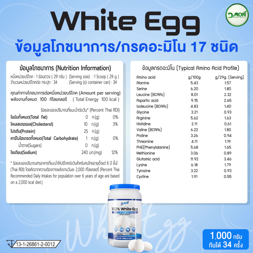 โปรตีนไข่ขาว ไข่ขาวผง 1กระปุกใหญ่ ขนาด 1,000 กรัม thumbnail 8