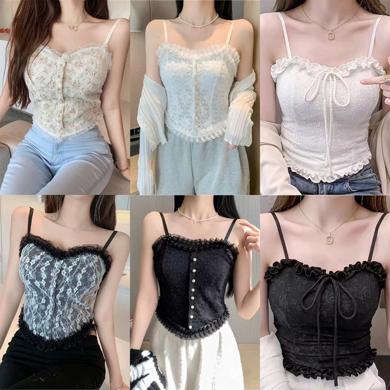 Popkozzi สายเดี่ยวลูกไม้ มีฟองน้ำสม็อคหลังแต่งลูกไม้เซ็กซี่มินิมอล น่ารักมากๆ